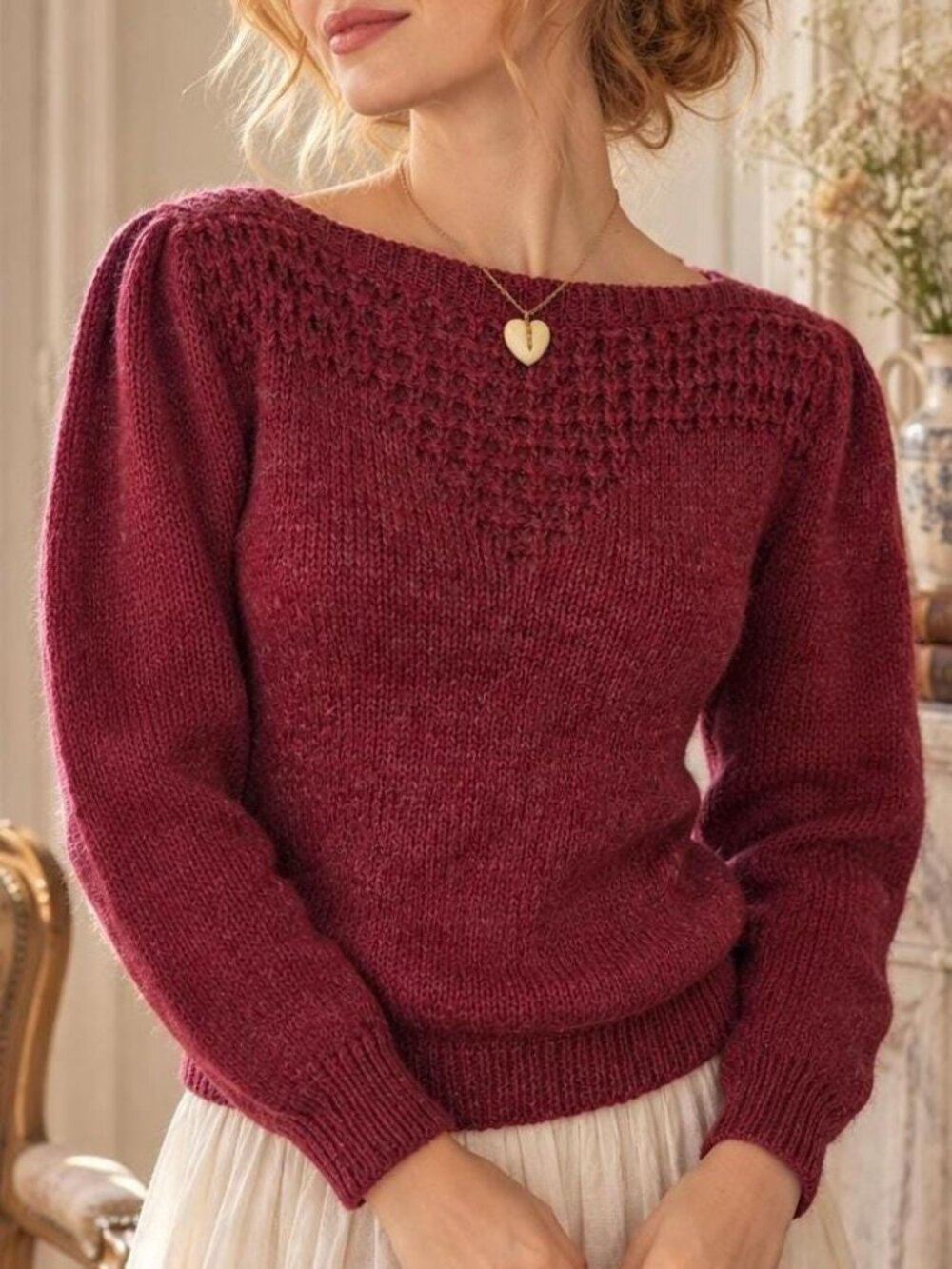 Vintage Burgundy Knit Sweater Women’s XS Small | Puff Sleeve Maroon Sweater
